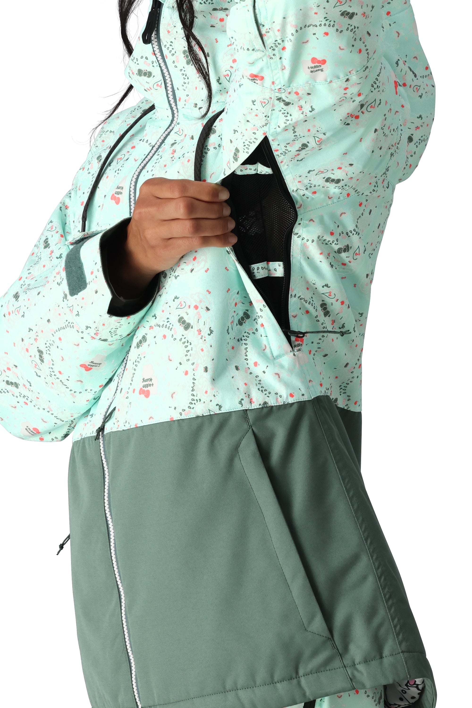 The 686 Women's Athena Insulated Jacket 2025 is primarily mint green with black and red accents.