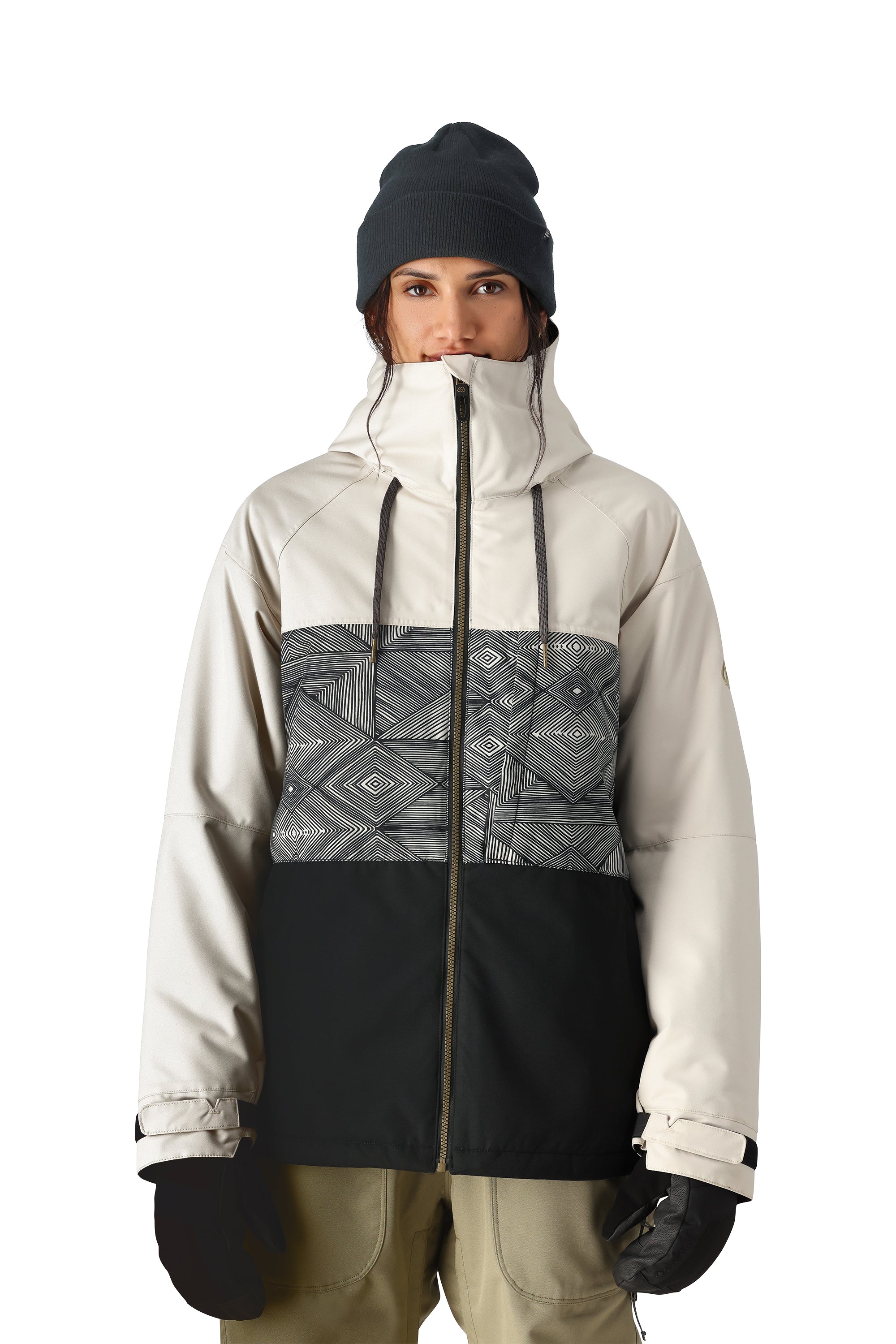 The 686 Women's Athena Insulated Jacket 2025 is predominantly off-white with black accents and has an insulated hood.