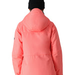 The 686 Women's Athena Insulated Jacket 2025 is showcased in a vibrant coral color with an insulated hood and zippered pockets.