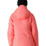 The 686 Women's Athena Insulated Jacket 2025 is showcased in a vibrant coral color with an insulated hood and zippered pockets.