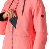 The 686 Women's Athena Insulated Jacket 2025 is depicted in salmon pink with an insulated hood and multiple zippered pockets.