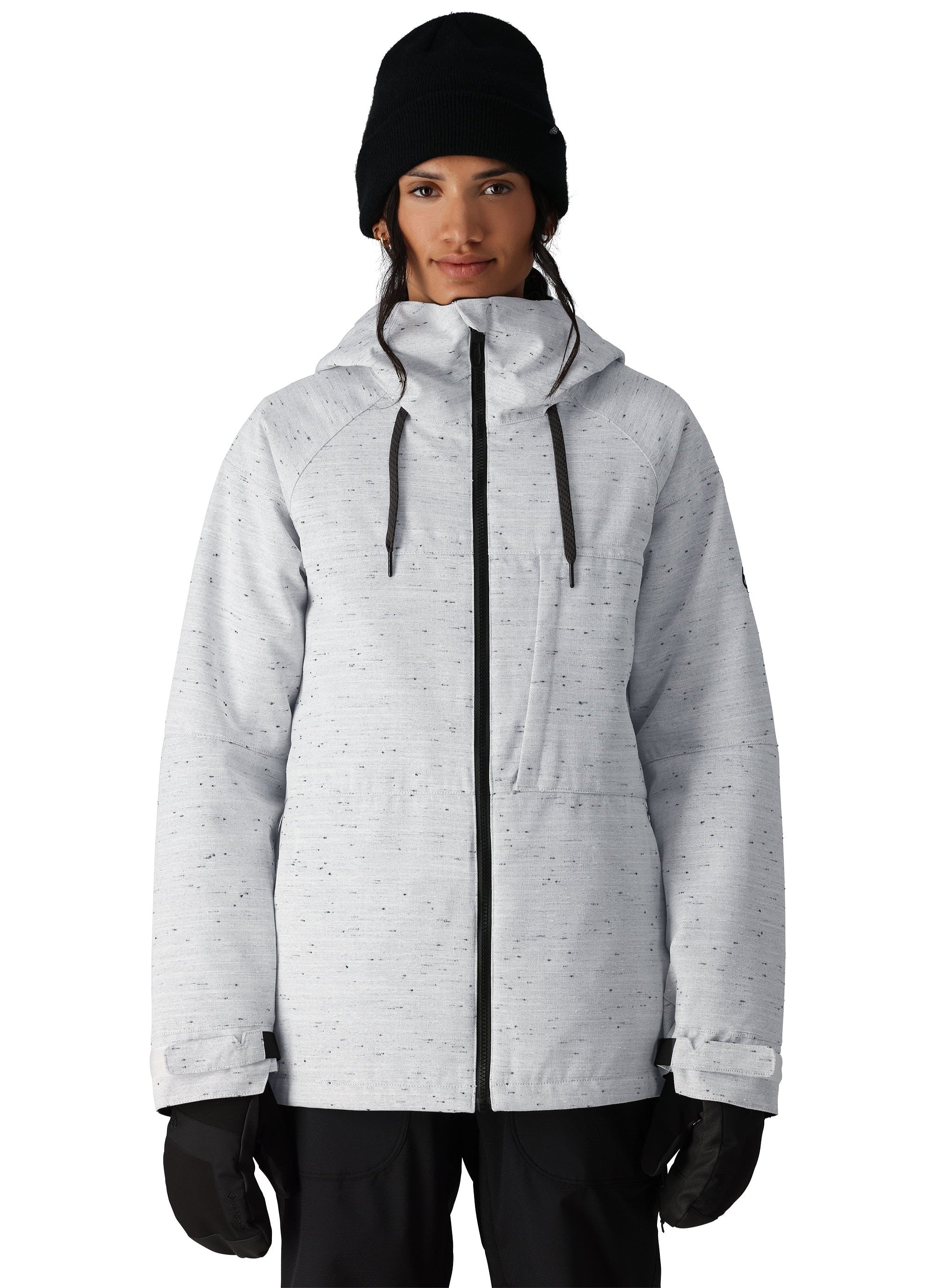 The 686 Women's Athena Insulated Jacket 2025 is primarily white with black speckles and has a black zipper down the front.