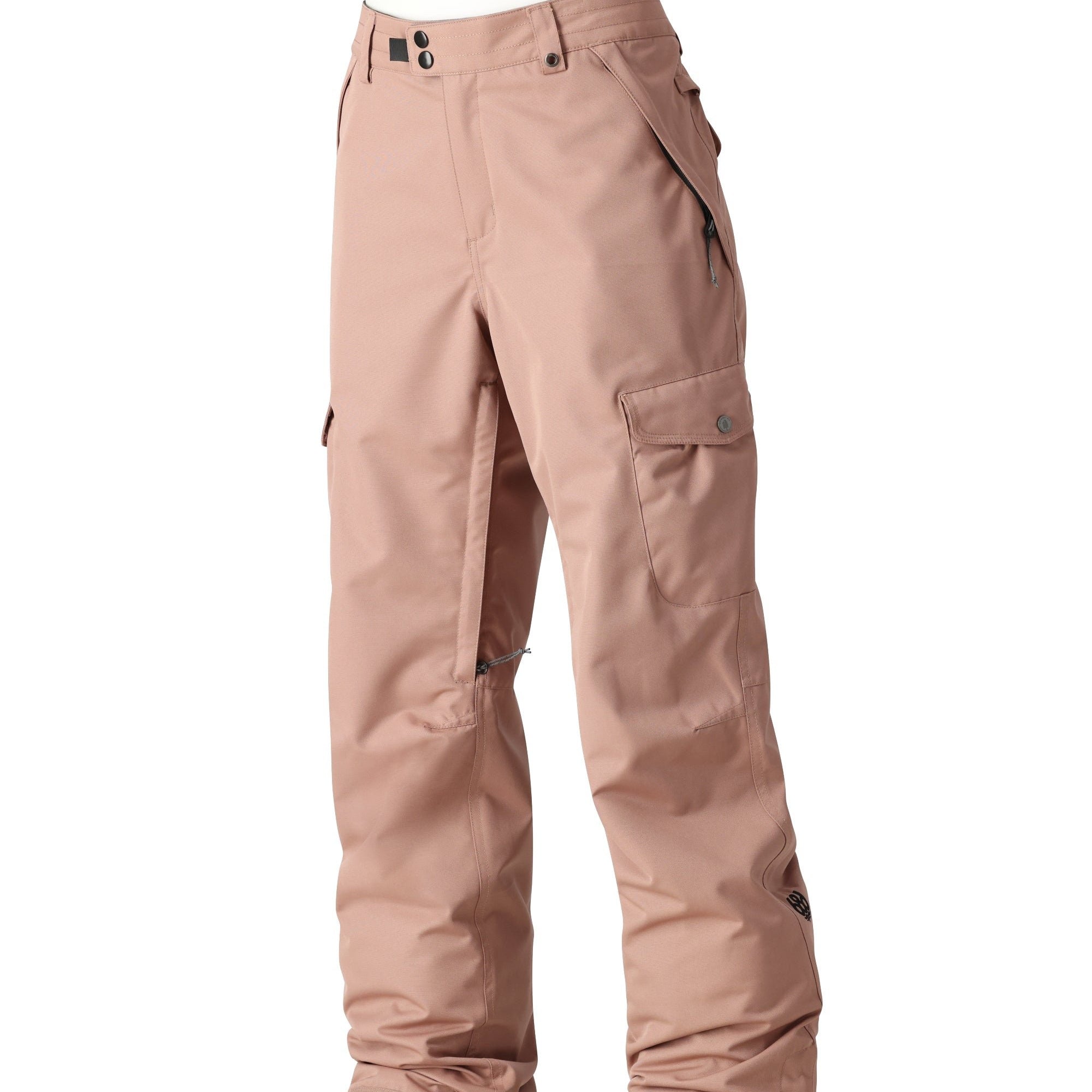 The 686 Women's Aura Insulated Cargo Pant 2025 is dusty rose with two zippered cargo pockets on each thigh.