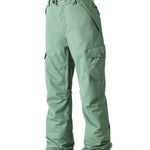 The 686 brand's Aura Insulated Cargo Pant 2025 is showcased in this image from the front, featuring a vibrant green color with a zippered cargo pocket on the thigh.