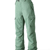 The 686 brand's Aura Insulated Cargo Pant 2025 is showcased in this image from the front, featuring a vibrant green color with a zippered cargo pocket on the thigh.