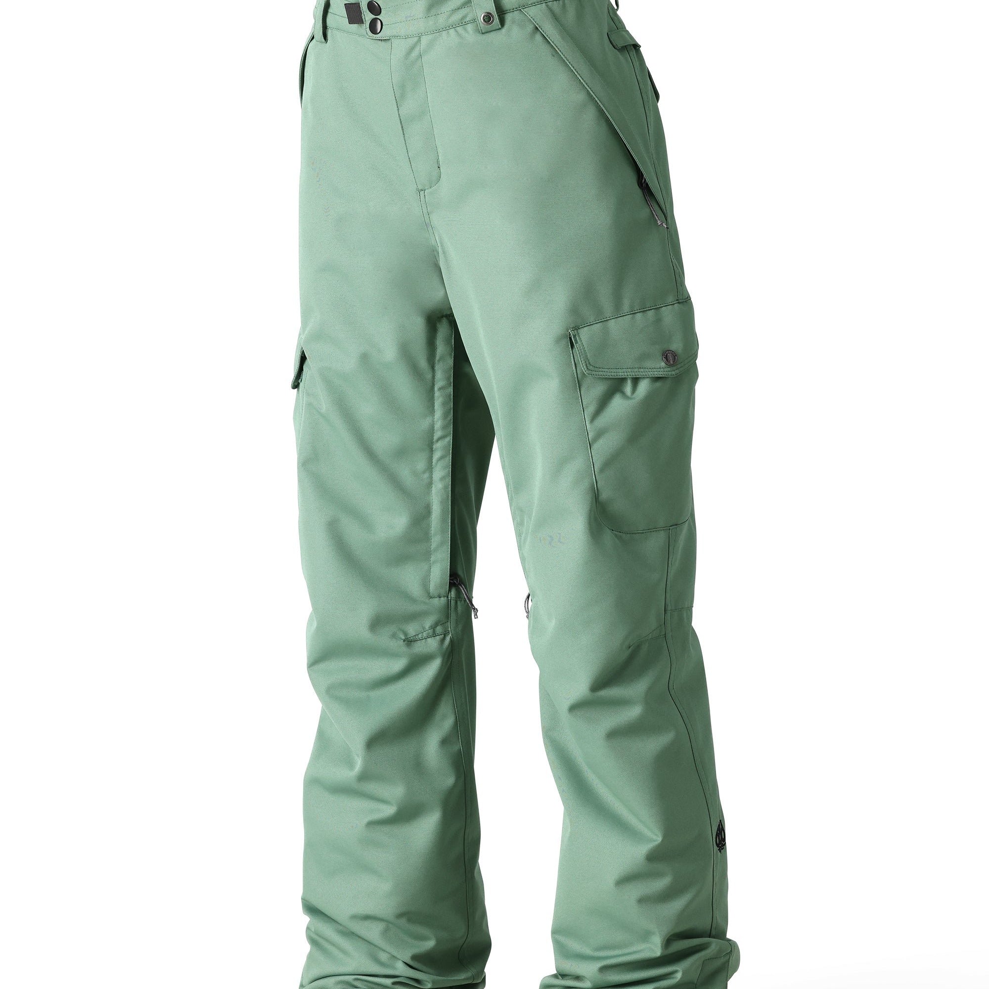 The 686 brand's Aura Insulated Cargo Pant 2025 is showcased in this image from the front, featuring a vibrant green color with a zippered cargo pocket on the thigh.