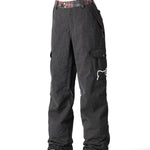 The 686 brand's Aura insulated cargo pant, seen here from the front in dark gray with red plaid accents at the waistband and white stitching.