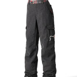 The 686 brand's Aura insulated cargo pant, seen here from the front in dark gray with red plaid accents at the waistband and white stitching.