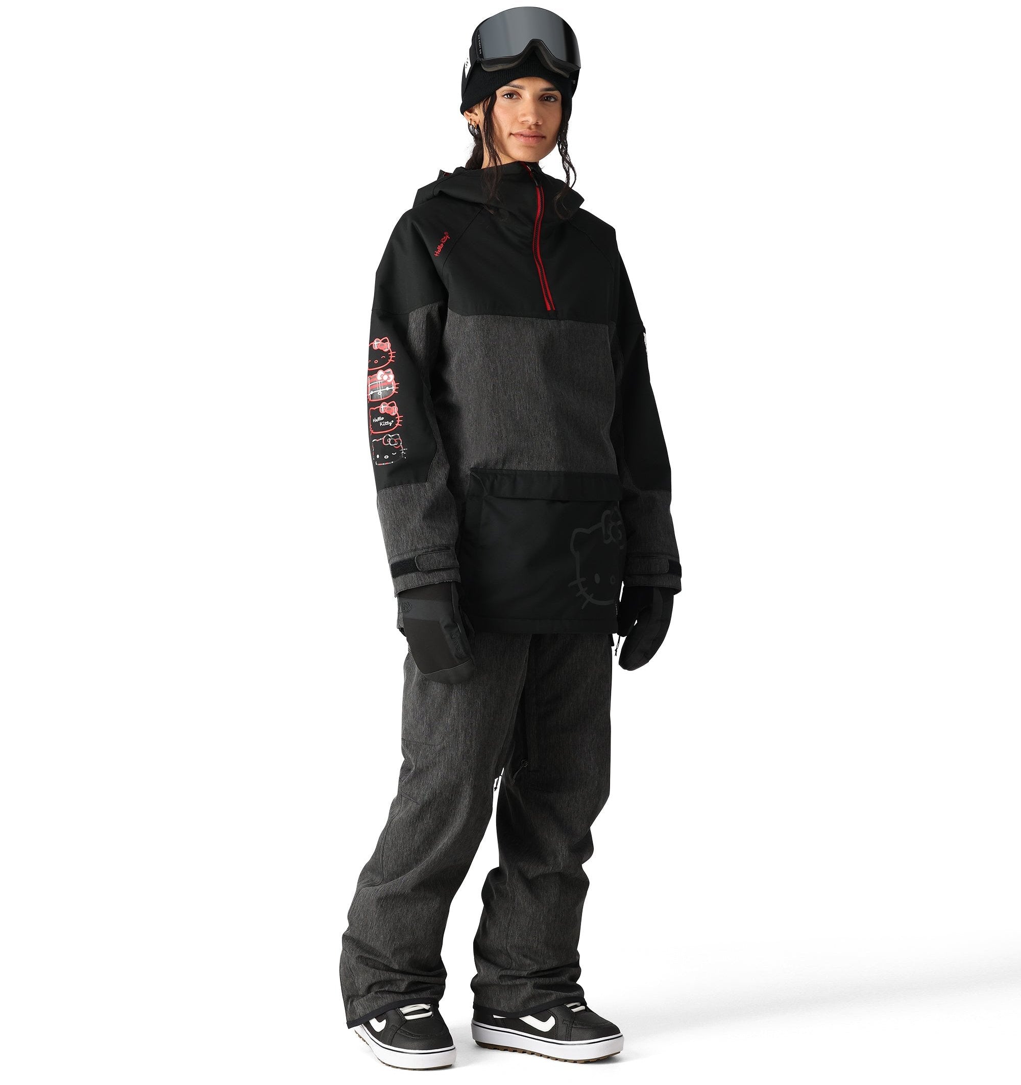 The 686 Aura Insulated Cargo Pant features a black and dark gray color scheme with a cargo pocket on one leg.