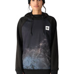 The 686 Women's Bonded Fleece Pullover Hoody 2025 is shown in a black color with a grey and white marbled pattern on the front.