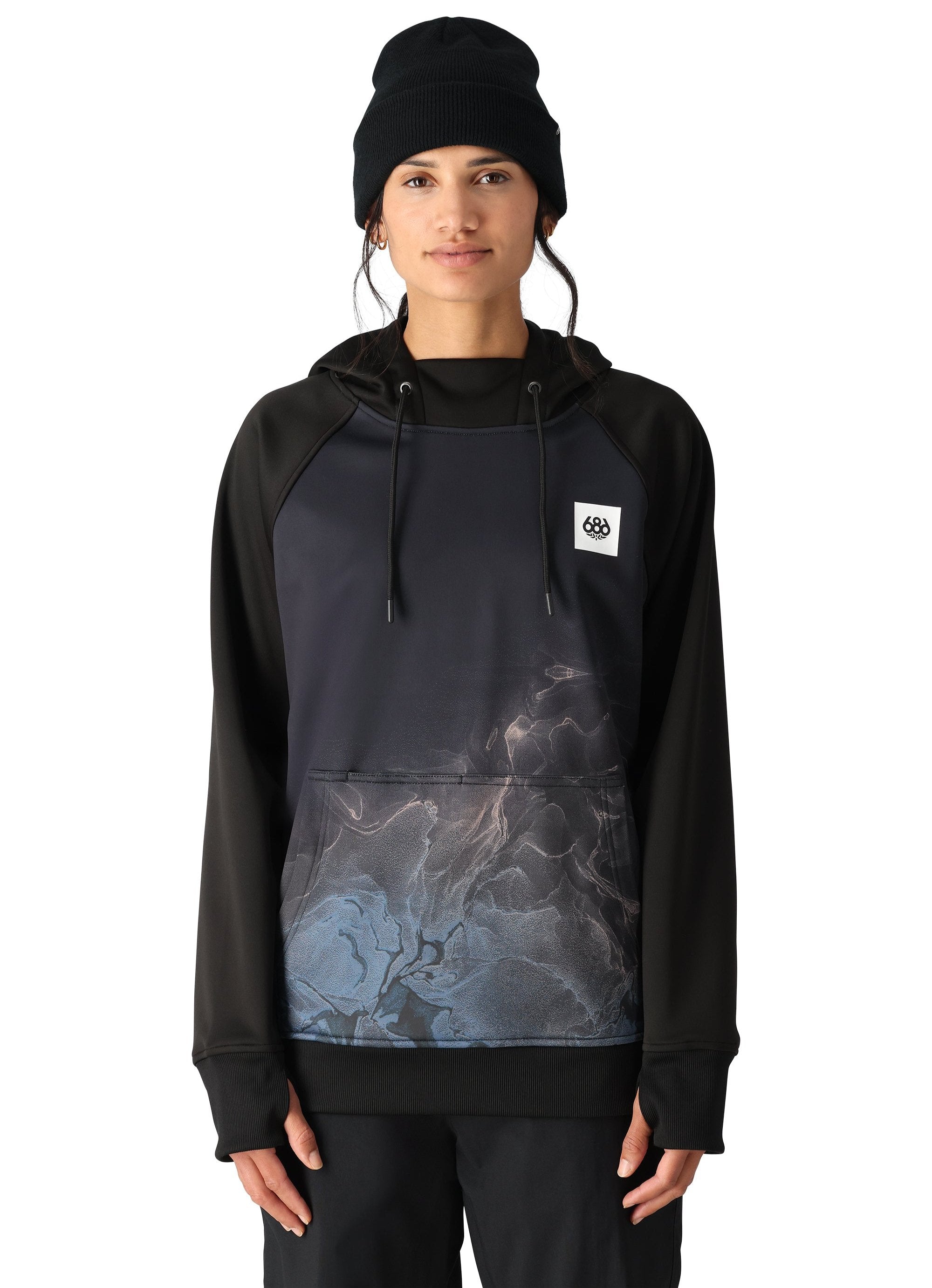 The 686 Women's Bonded Fleece Pullover Hoody 2025 is shown in a black color with a grey and white marbled pattern on the front.