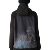 A black hooded sweatshirt with a front zip and a large kangaroo-style pocket at the waist.