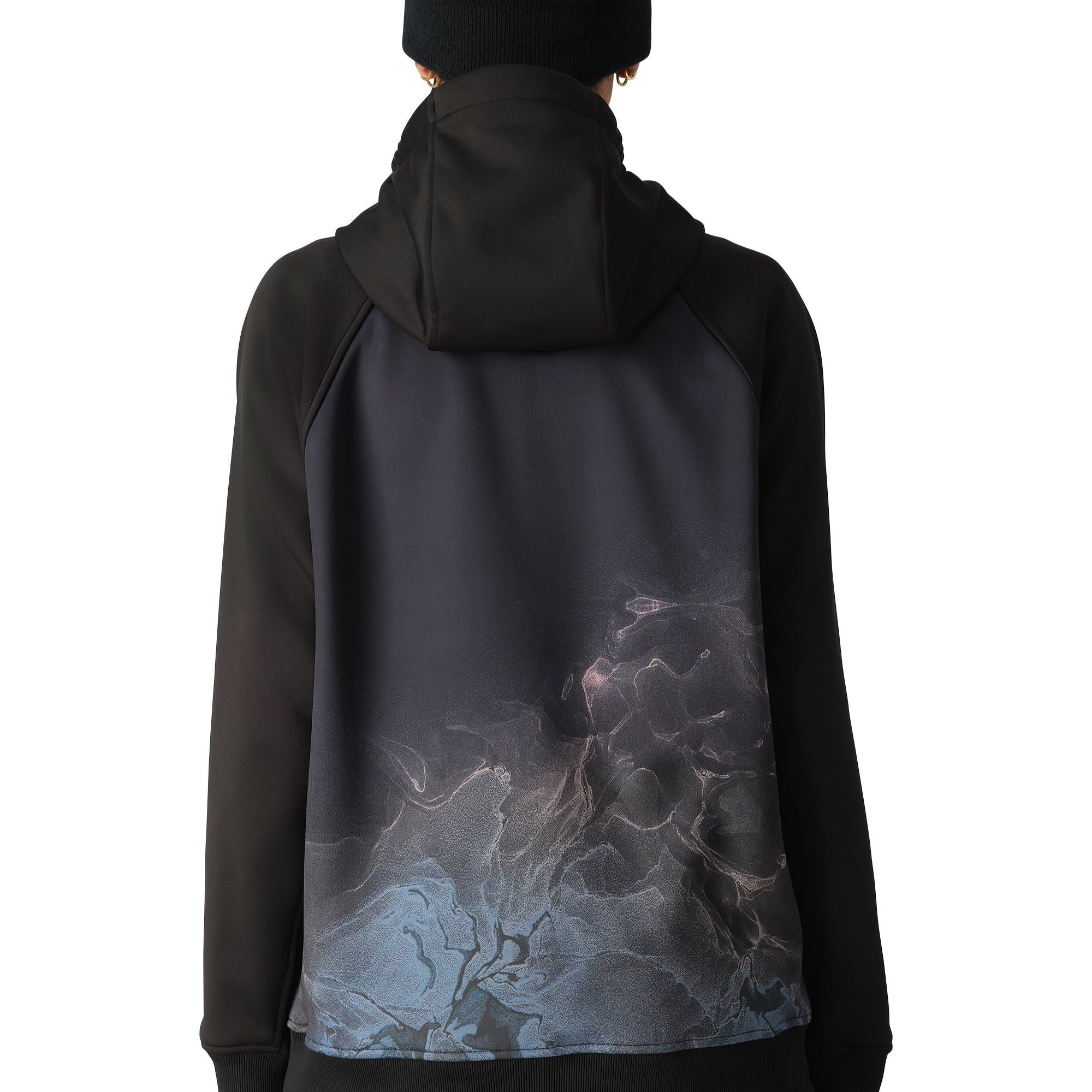 A black hooded sweatshirt with a front zip and a large kangaroo-style pocket at the waist.