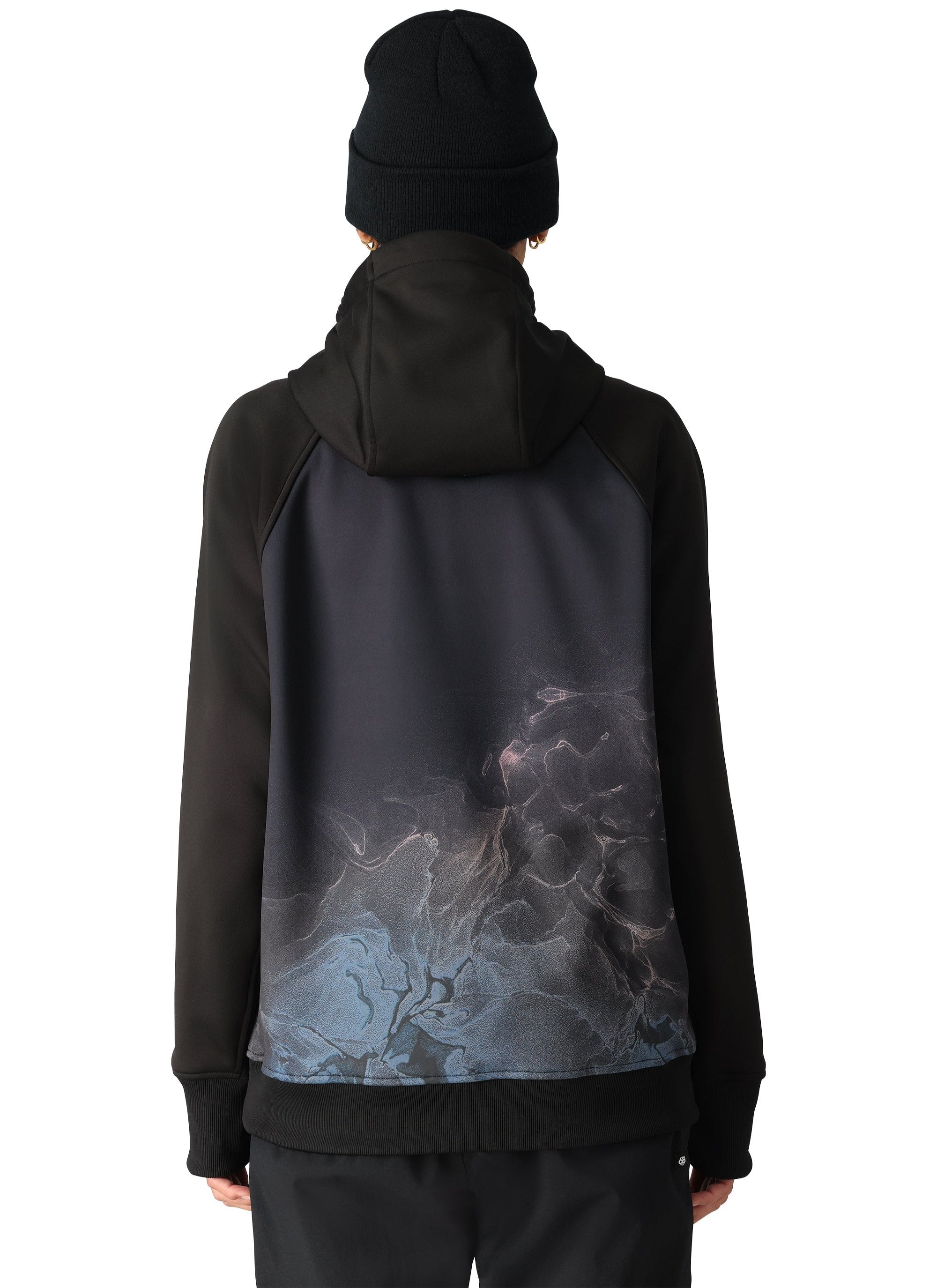 A black hooded sweatshirt with a front zip and a large kangaroo-style pocket at the waist.