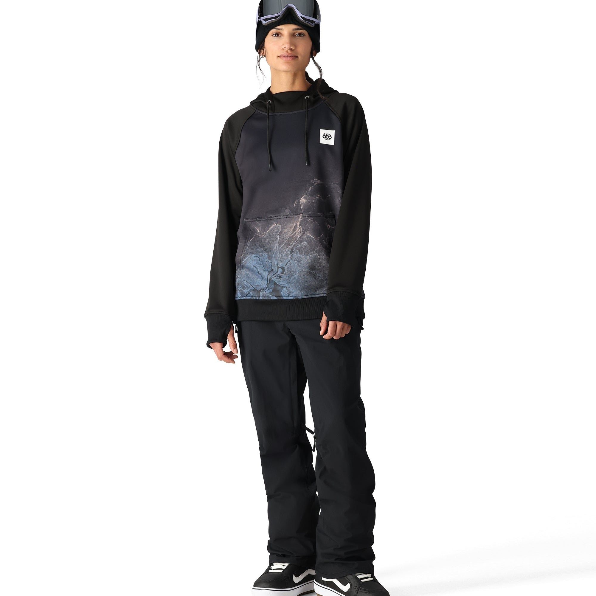 The 686 Women's Bonded Fleece Pullover Hoody features a black body with a blue and white abstract pattern on the front.