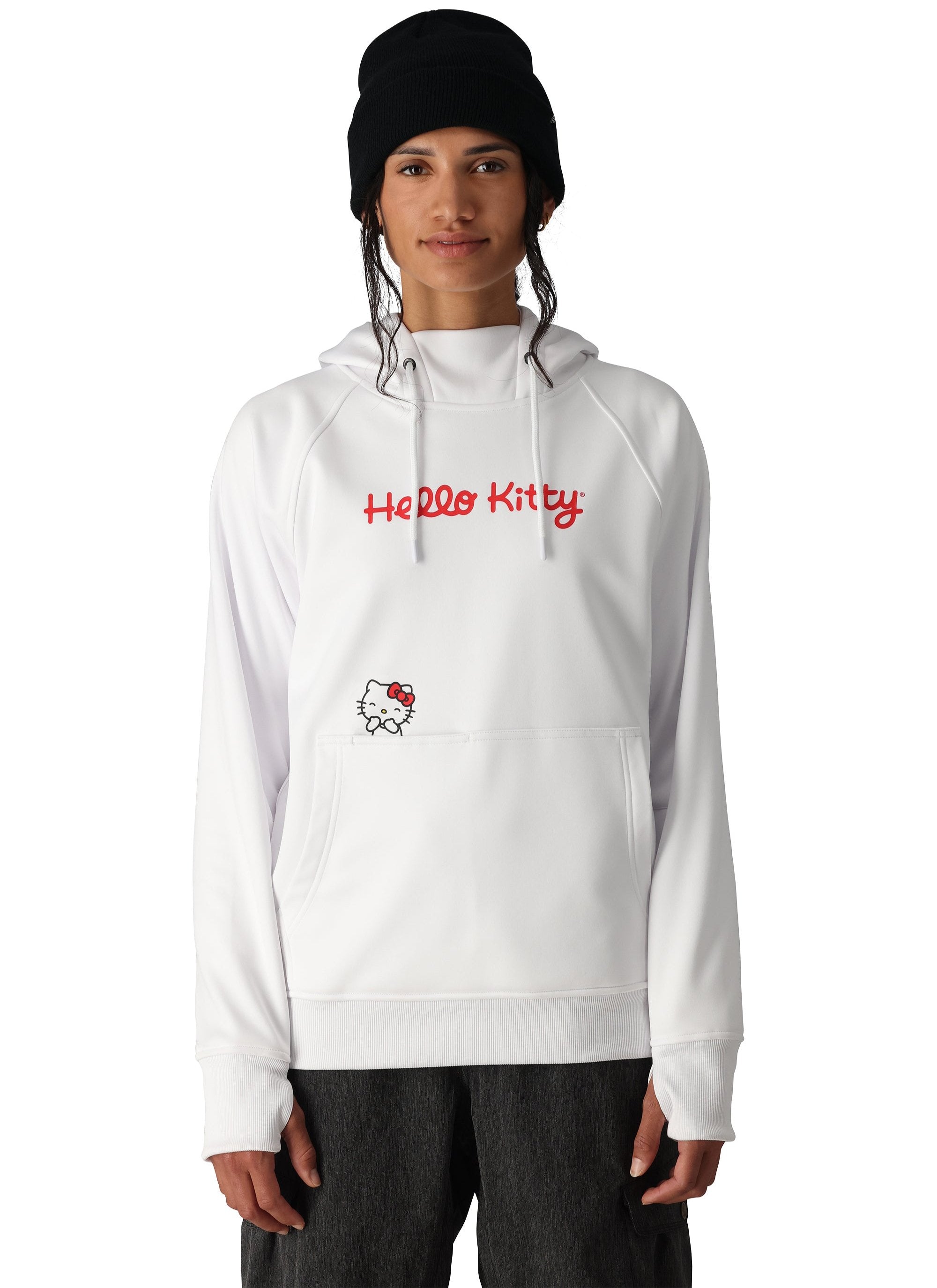 The 686 Women's Bonded Fleece Pullover Hoody 2025 in white has a kangaroo pocket and ribbed cuffs.