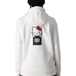 The white 686 hoody has a black front view with a Hello Kitty design and red bow on the chest.