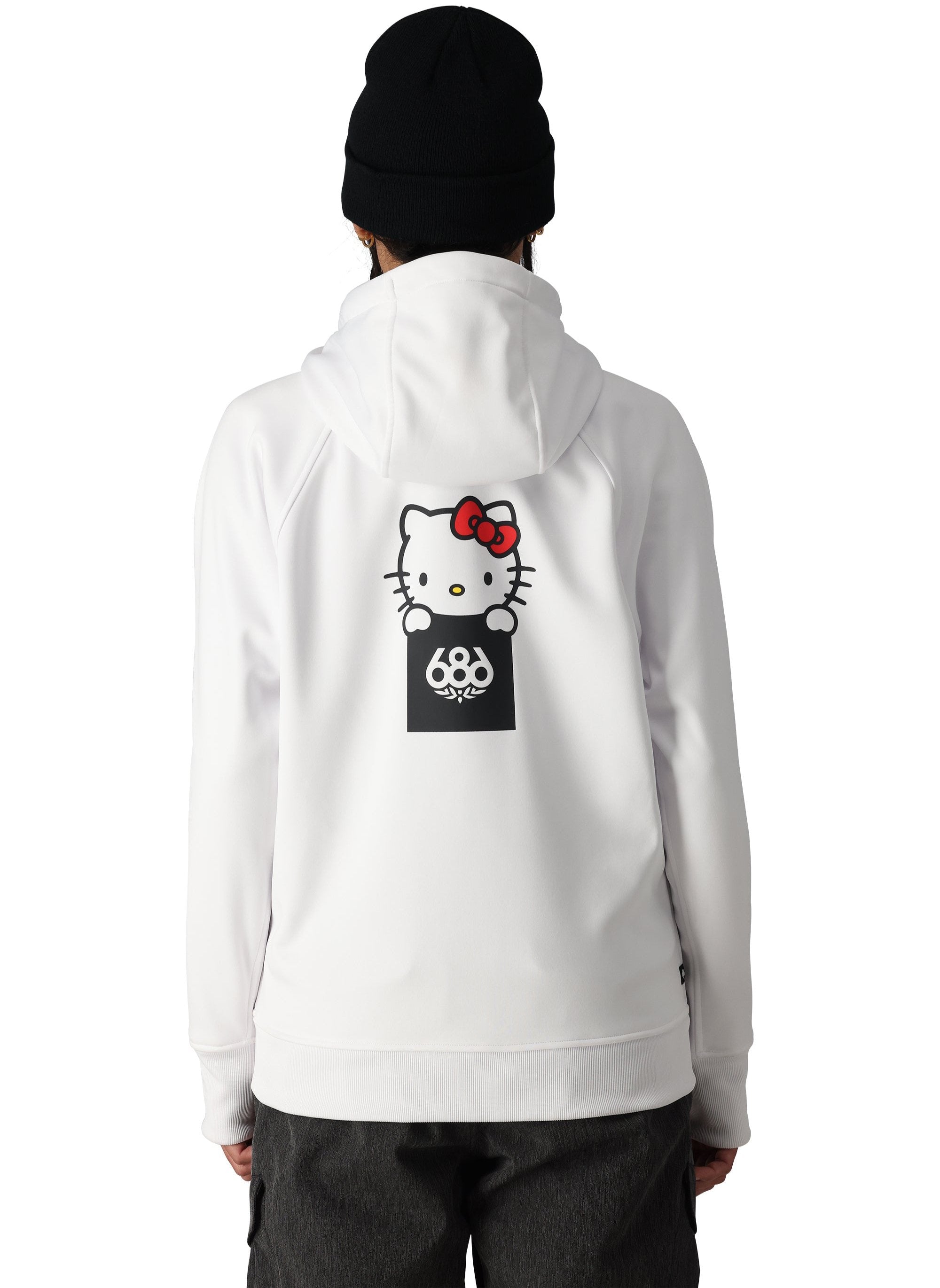 The white 686 hoody has a black front view with a Hello Kitty design and red bow on the chest.