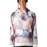 The 686 Women's Bonded Fleece Pullover Hoody 2025 is predominantly white with a marbled pattern of pink, blue, and brown hues.