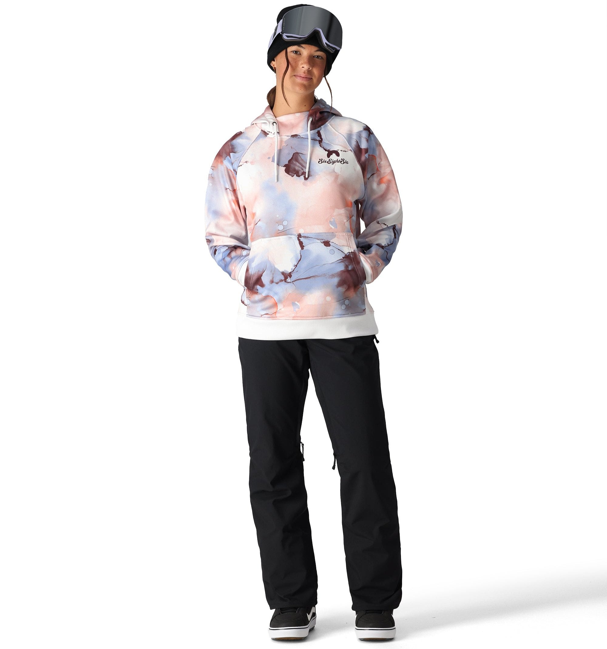 The 686 women's Bonded Fleece Pullover hoody has a pink and blue abstract pattern on a white background.