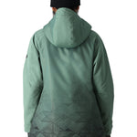 The 686 Women's Fantasia Insulated Jacket 2025 is shown in light green with an insulated hood and a geometric pattern at the bottom.