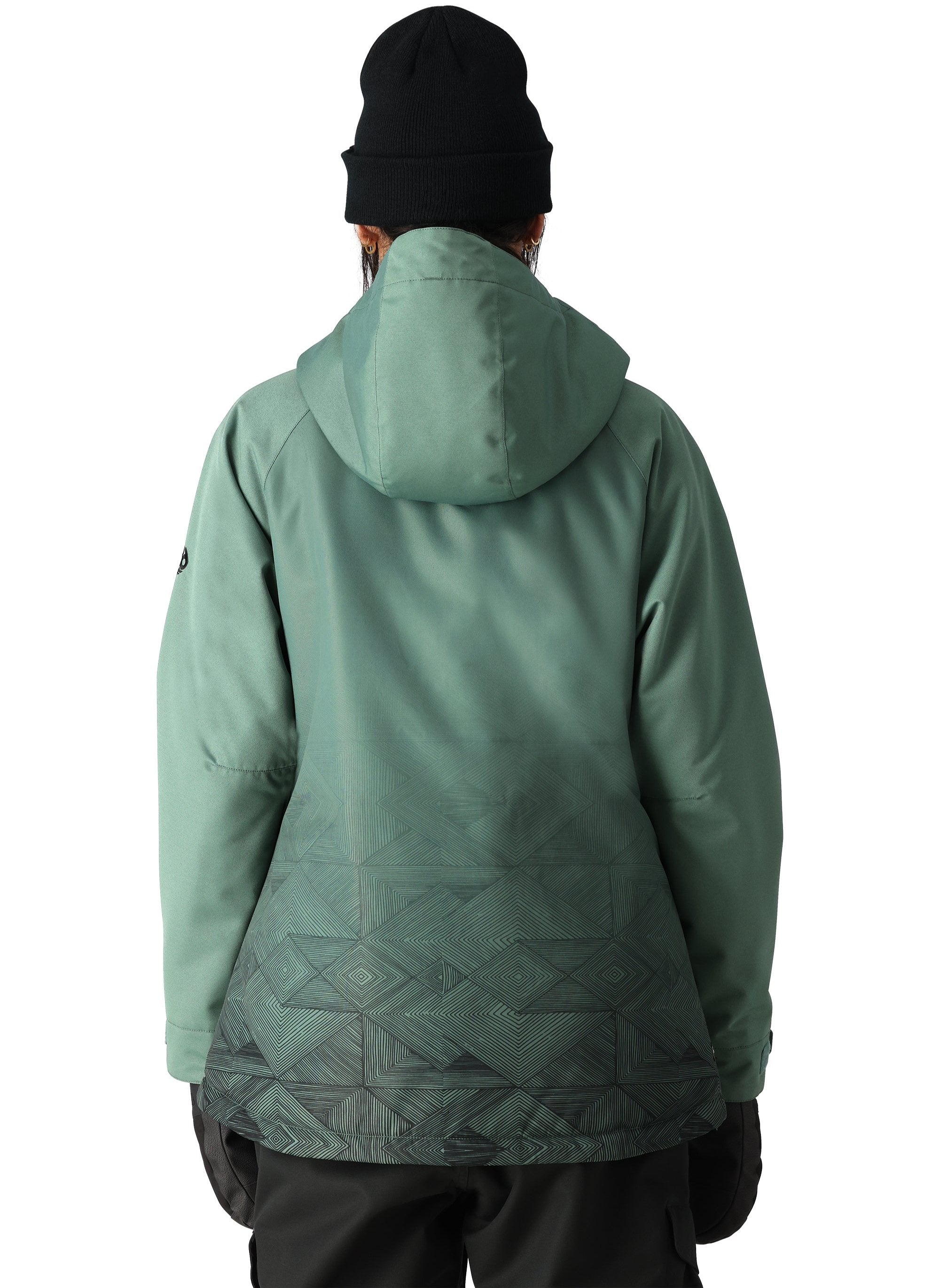 The 686 Women's Fantasia Insulated Jacket 2025 is shown in light green with an insulated hood and a geometric pattern at the bottom.