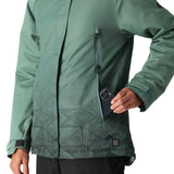 The 686 Women's Fantasia Insulated Jacket 2025 is depicted in a dark green color with a pattern on the lower portion and has a zippered chest pocket.