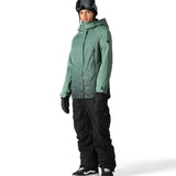 The 686 Women's Fantasia Insulated Jacket 2025 is depicted in a sea foam green color with a geometric pattern on the front and back.