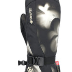 The 686 Women's GORE-TEX Linear Mitt 2025 has a black palm side with a white floral design on the back and fingers.