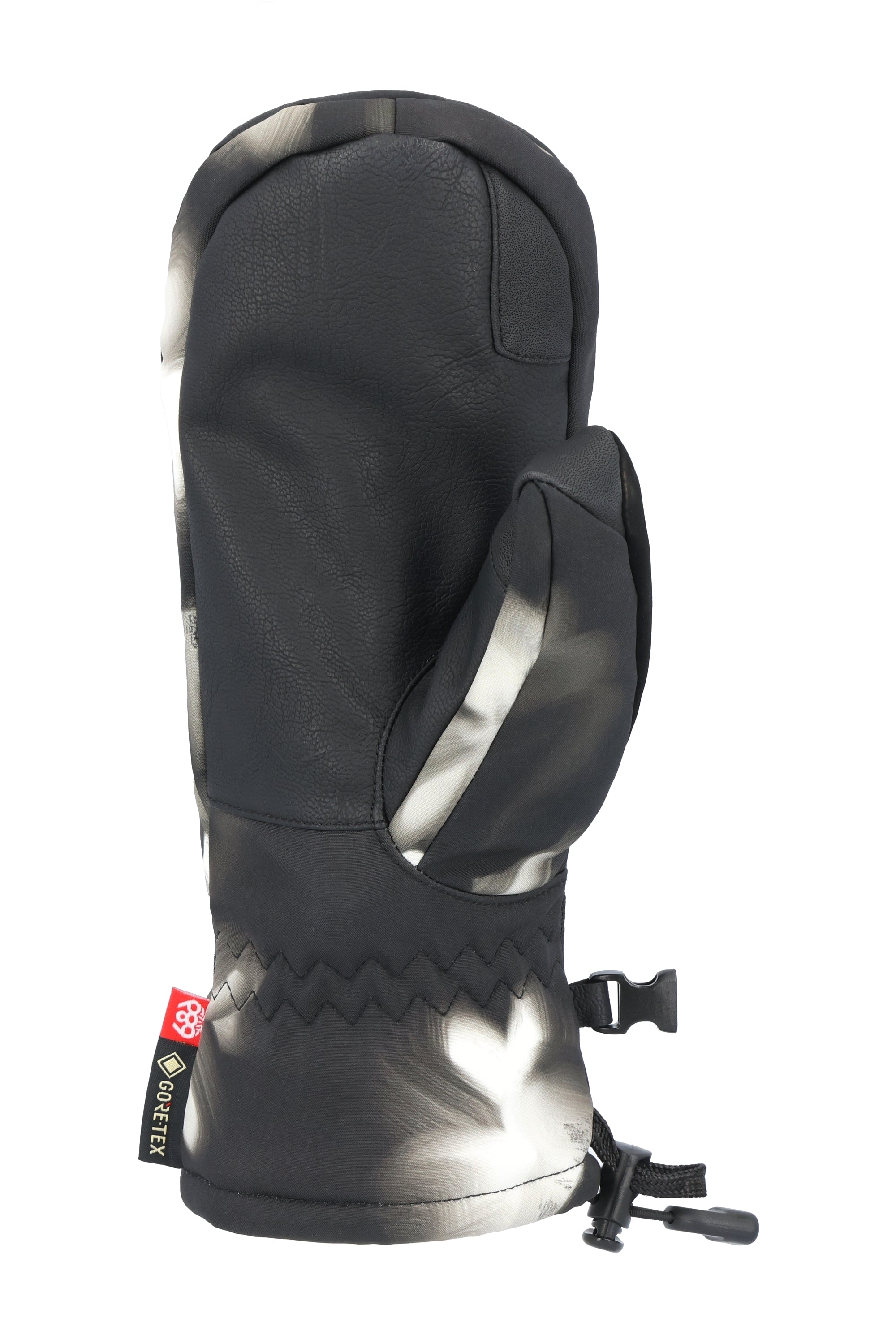 The 686 Women's GORE-TEX Linear Mitt 2025 is shown in black with silver accents and an insulated hood.