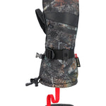 The 686 brand offers a women's GORE-TEX SMARTY 3-in-1 gauntlet mitt in a camouflage pattern with black trim and accents, featuring a red pull tab on the wrist strap.