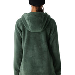 The 686 Women's Hemlock Sherpa Fleece Hoody 2025 is shown in a forest green color with a hood and a zipper on a front view.