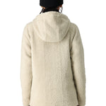 The 686 Women's Hemlock Sherpa Fleece Hoody 2025, pictured from behind, has a cream-colored sherpa fleece exterior.