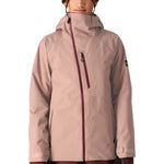 The 686 Woman's Hydra Insulated Jacket 2025 in this front view has a light pink color with maroon accents and zippers.