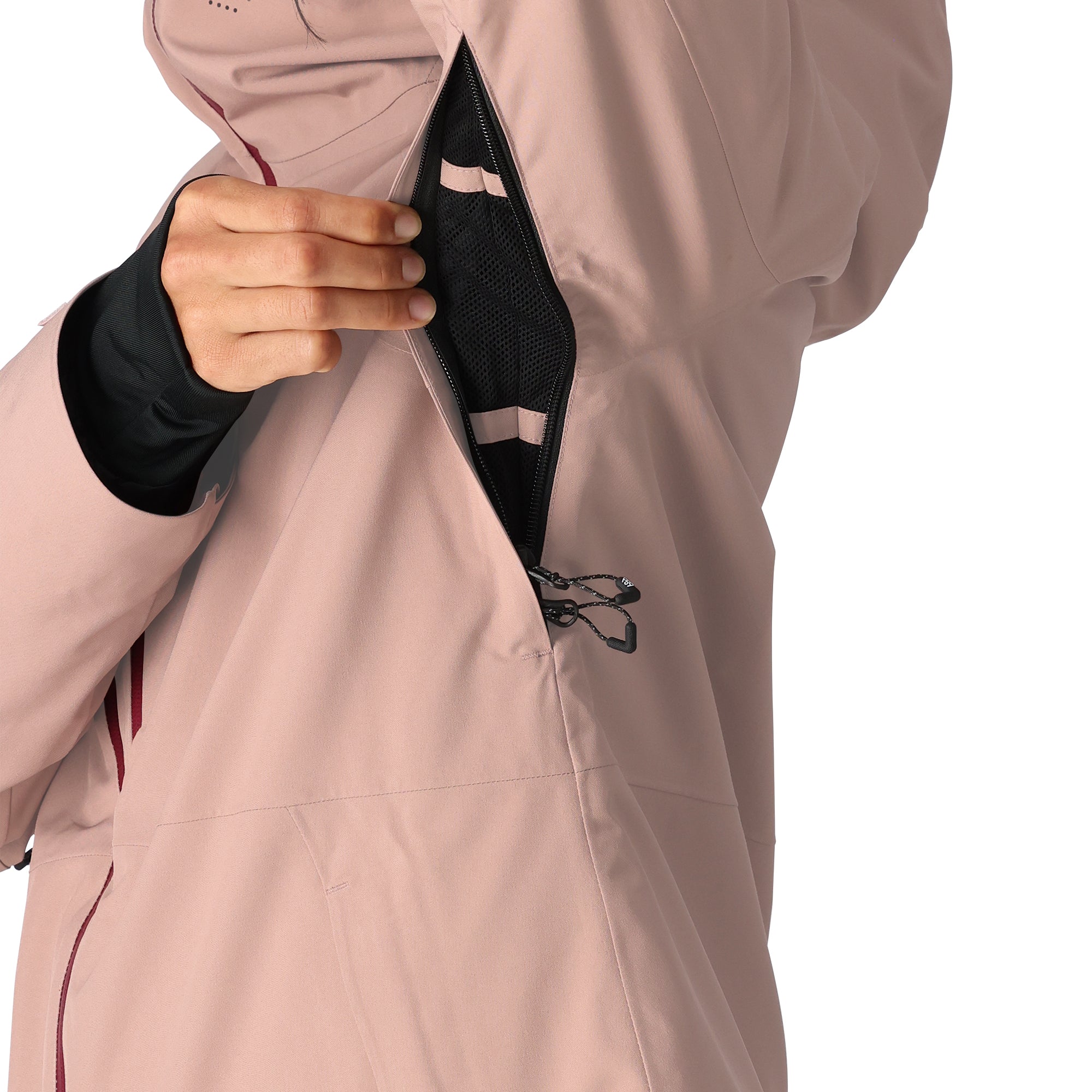 The 686 Woman's Hydra Insulated Jacket 2025 is primarily a dusty rose color with black accents and an adjustable hood.