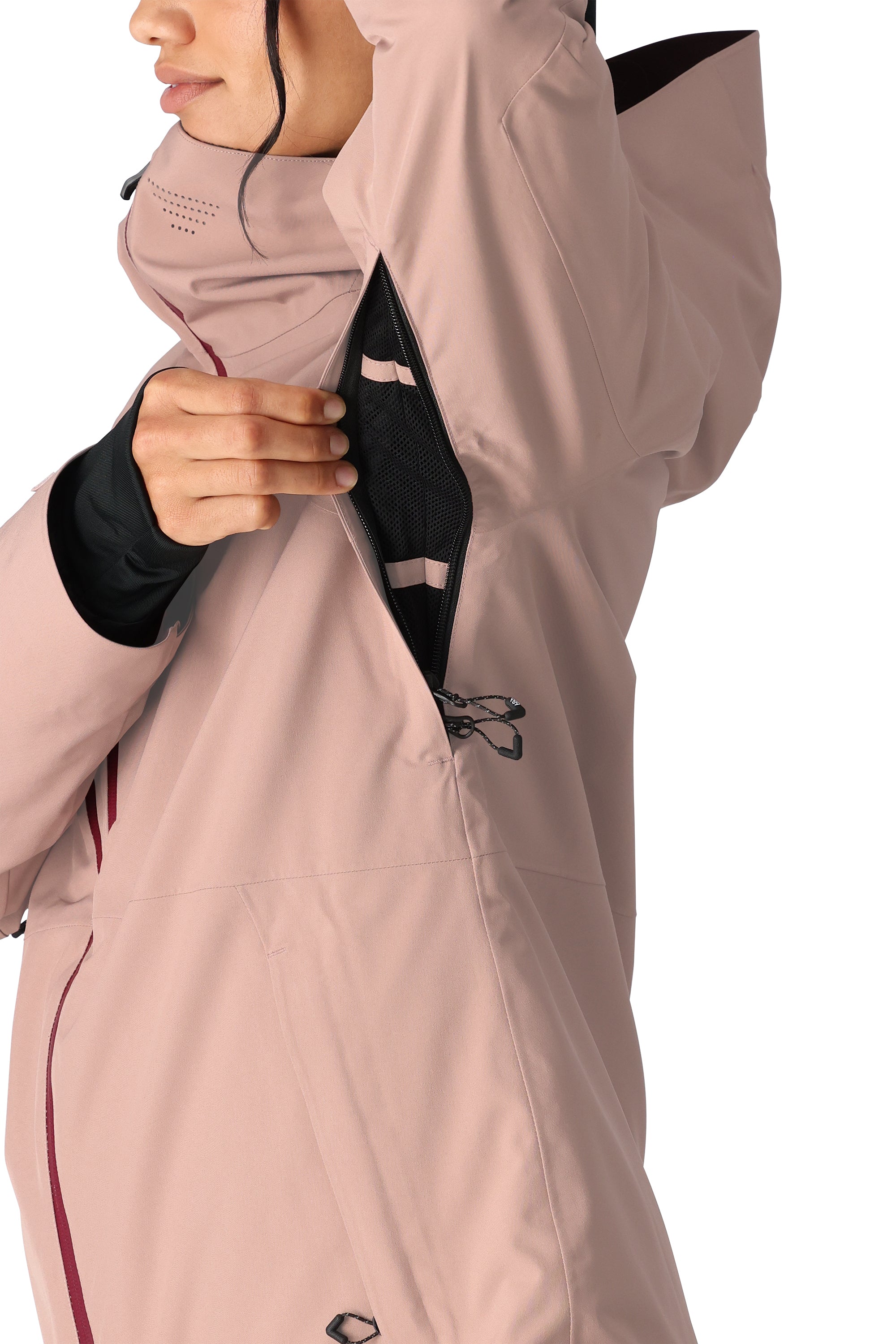 The 686 Woman's Hydra Insulated Jacket 2025 is primarily a dusty rose color with black accents and an adjustable hood.
