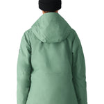 The 686 Woman's Hydra Insulated Jacket 2025 is primarily a sage green color with black accents on the sleeve and zippered pockets.