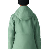 The 686 Woman's Hydra Insulated Jacket 2025 is primarily a sage green color with black accents on the sleeve and zippered pockets.