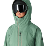 The 686 Woman's Hydra Insulated Jacket 2025 is light green with a hood and a zipper down the front.