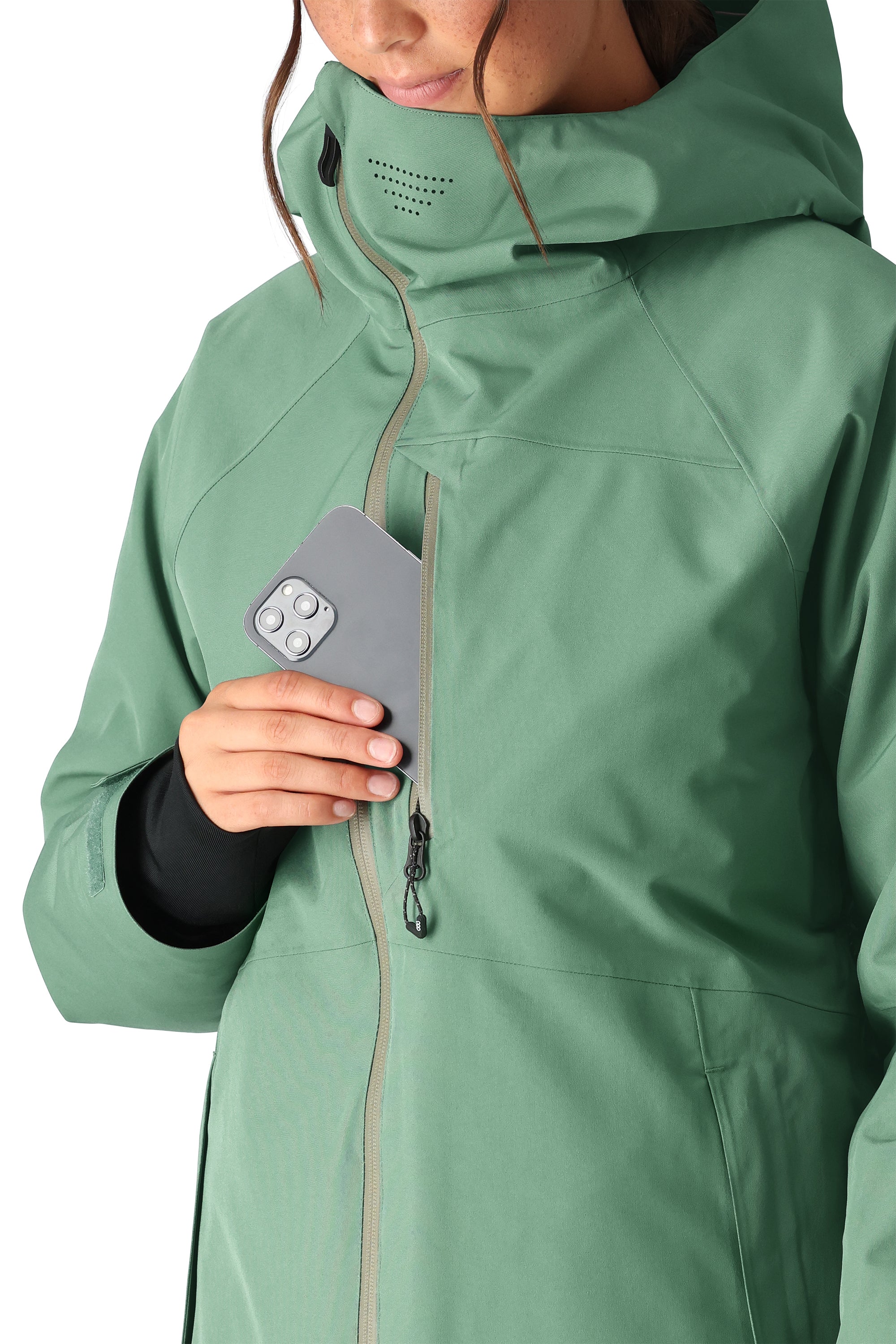 The 686 Woman's Hydra Insulated Jacket 2025 is primarily mint green with black accents and an adjustable hood.