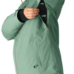 The 686 Woman's Hydra Insulated Jacket 2025 is primarily a sage green color with black accents and has an insulated hood.