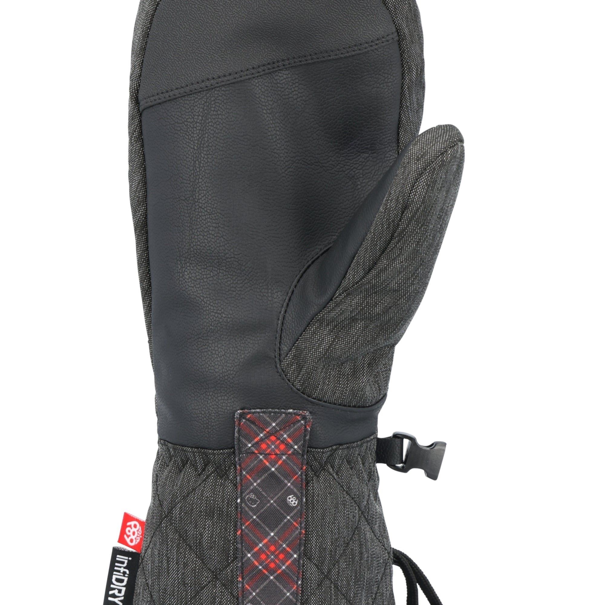The 686 Women's Jubilee Mitt has a black leather palm and thumb area with a gray quilted fabric wrist strap.