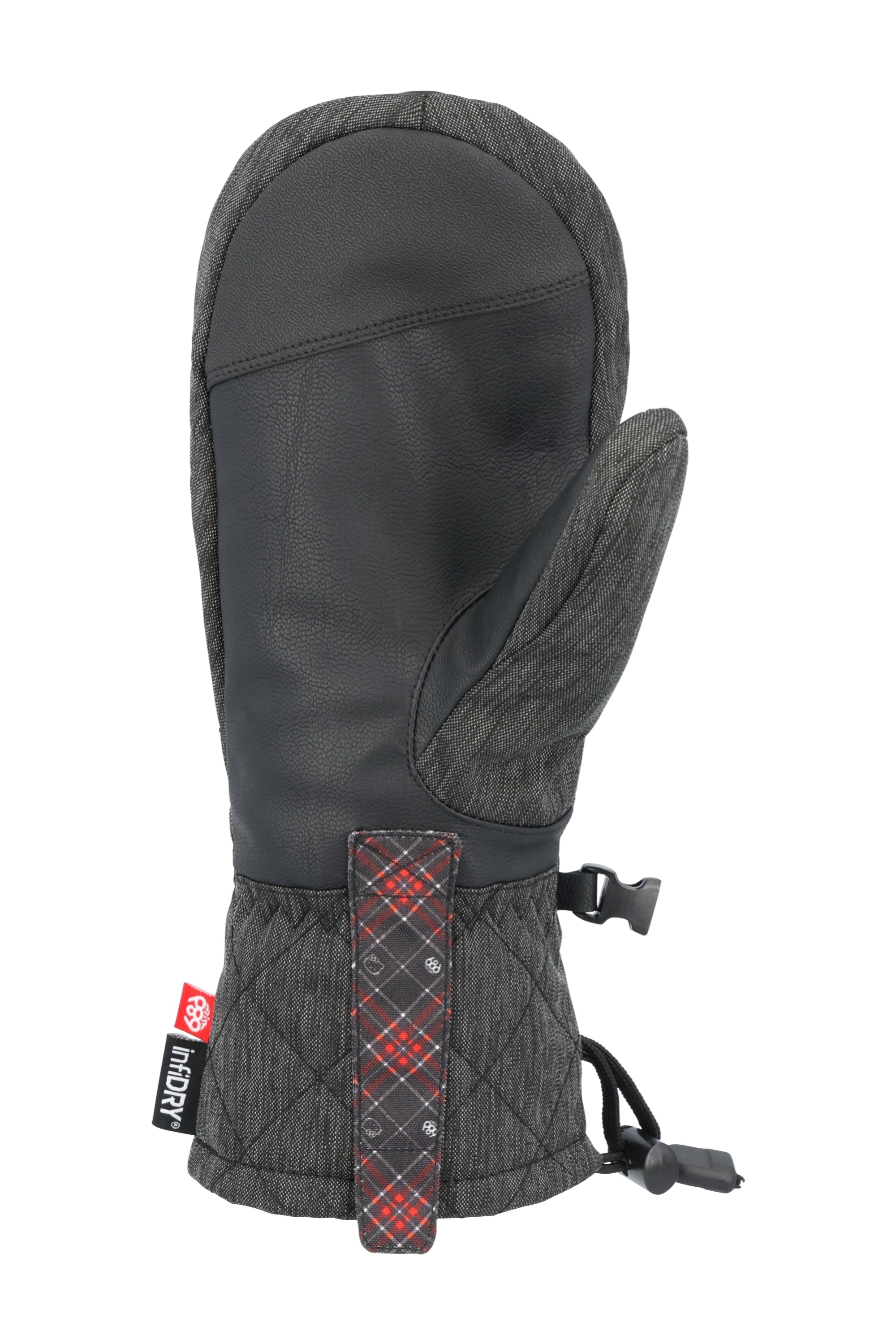 The 686 Women's Jubilee Mitt has a black leather palm and thumb area with a gray quilted fabric wrist strap.