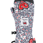The 686 Women's Jubilee Mitt 2025 in white has a red and black abstract design on the front view with a black cuff at the wrist.