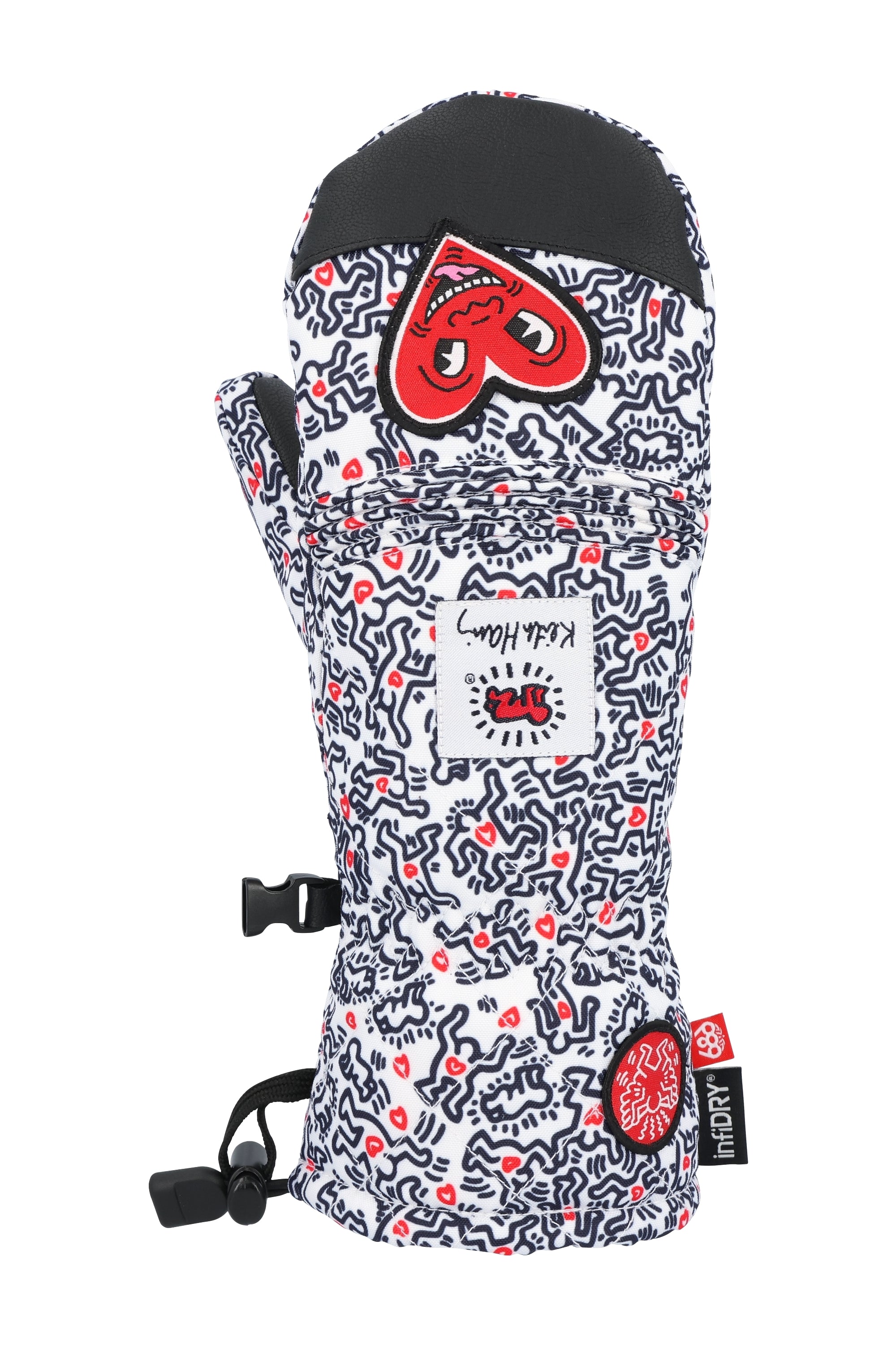 The 686 Women's Jubilee Mitt 2025 in white has a red and black abstract design on the front view with a black cuff at the wrist.
