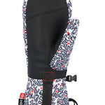 The 686 Women's Jubilee Mitt 2025 has a white exterior with a black and red abstract pattern and a black interior.