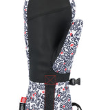 The 686 Women's Jubilee Mitt 2025 has a white exterior with a black and red abstract pattern and a black interior.