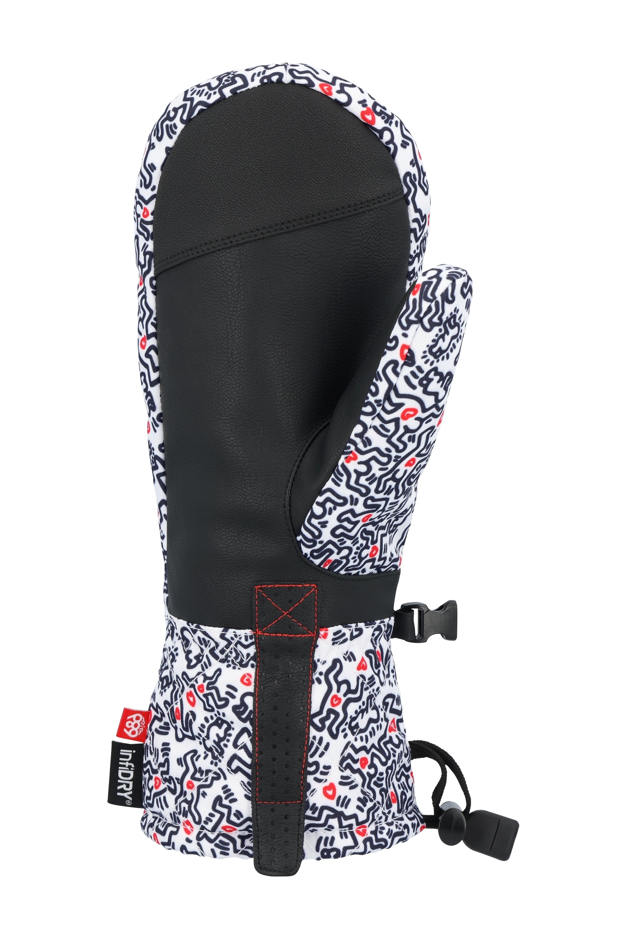 The 686 Women's Jubilee Mitt 2025 has a white exterior with a black and red abstract pattern and a black interior.