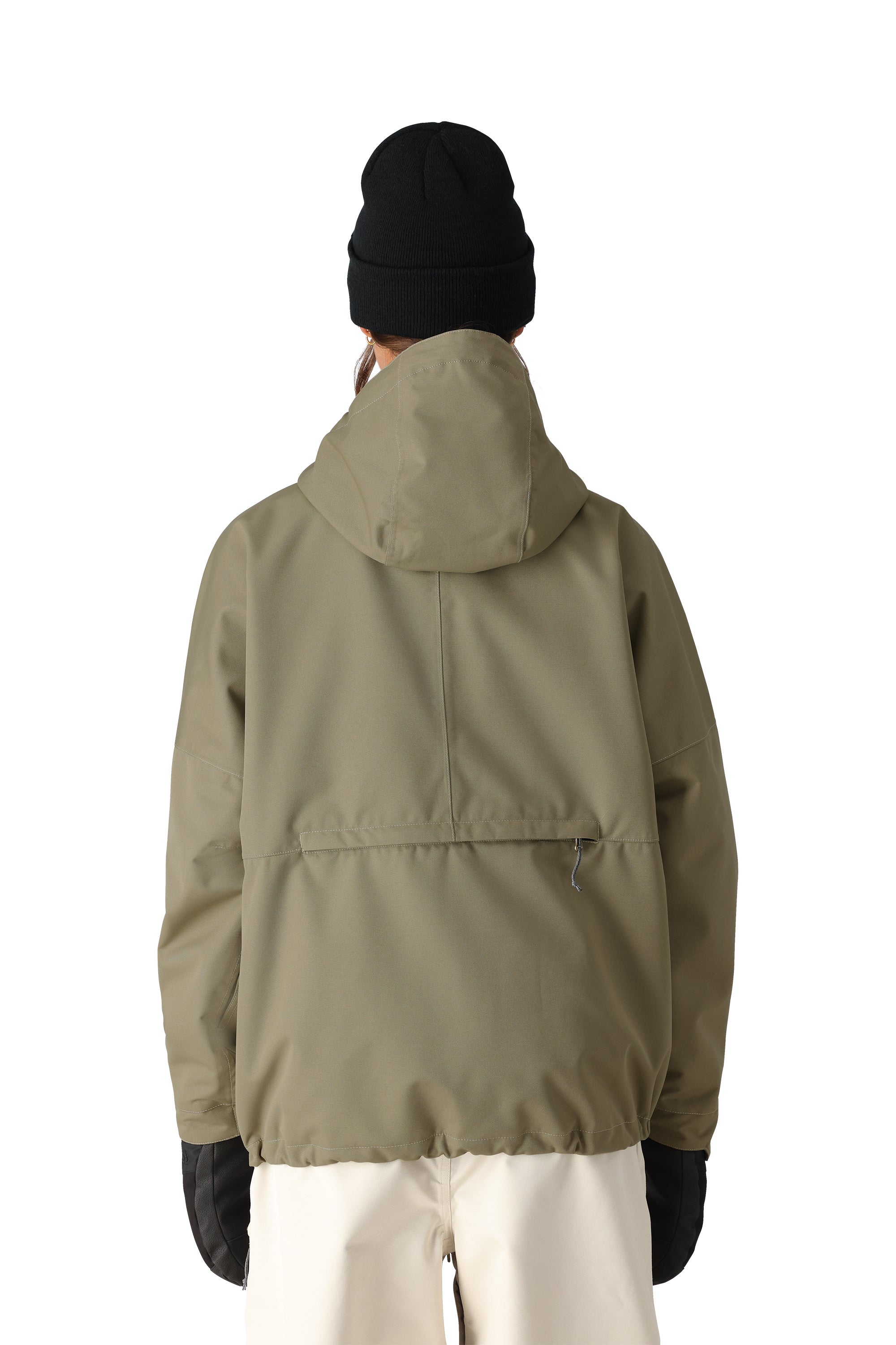 The 686 Women's Outline Shell Anorak 2025 in olive green features an insulated hood and a zippered front pocket.