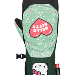 The 686 Revel mitt has a light green background with white and pink designs, and it features a large pink heart with "HELLO KITTY" written in white on the palm side.